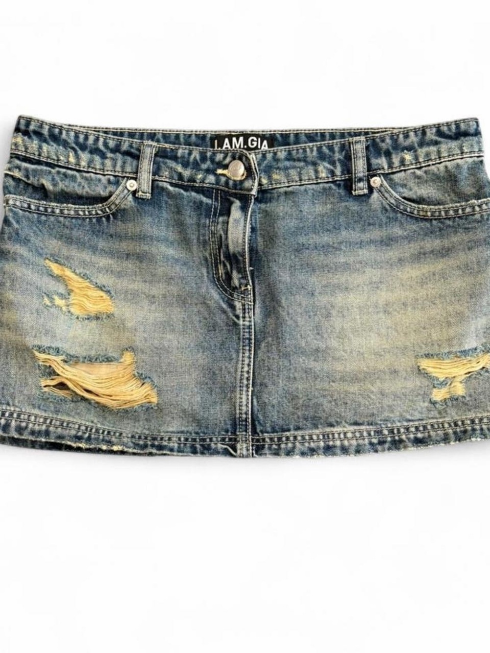 I.AM.GIA Distressed Denim Mini Skirt in Washed Blue with Yellow Fray